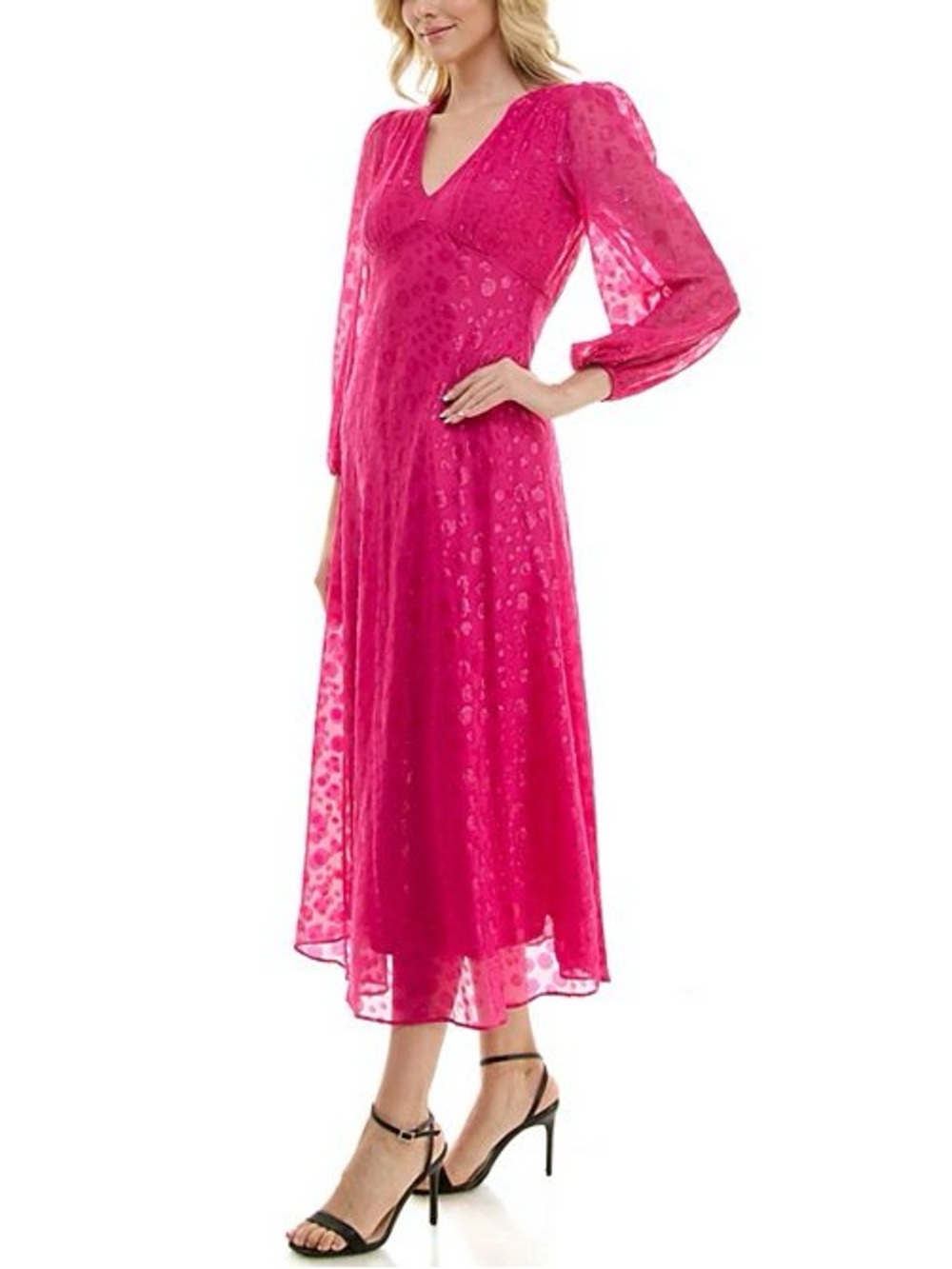 Taylor sheer Fuchsia DEEP V-Neck Midi Dress, long puffy sleeves size 4 LNWOT